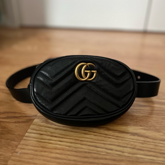 Gucci Handbags - Gucci Black Leather Quilted Belt Pouch with Gold Hardware and dust bag